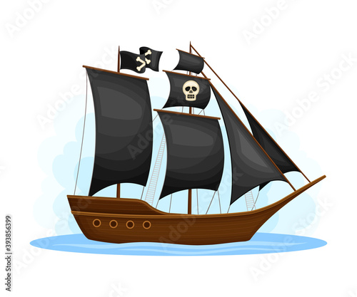 Wooden Pirate Ship or Vessel with Black Sail and Crossbones Vector Illustration