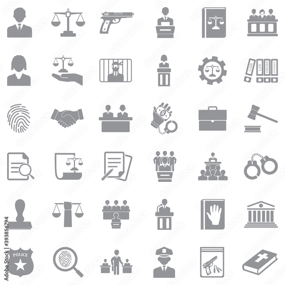 Law Icons. Gray Flat Design. Vector Illustration. Law Icons. Gray Flat Design. Vector Illustration.