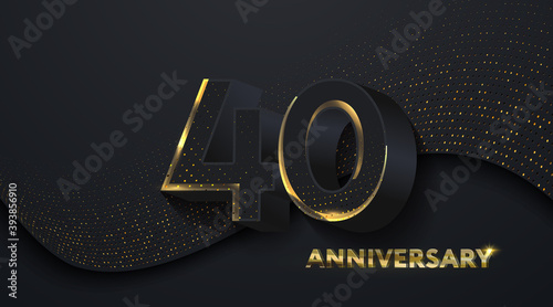 40th Anniversary celebration. Golden number 40 on black paper cut background with golden glitters.  Vector festive illustration. Birthday or wedding party event decoration
