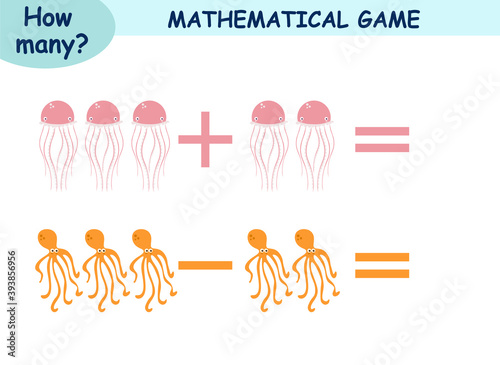mathematical examples of addition and subtraction. educational page for children. sea world