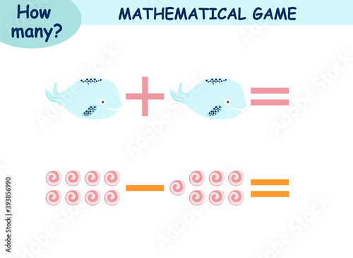 mathematical examples of addition and subtraction. educational page for children. sea world