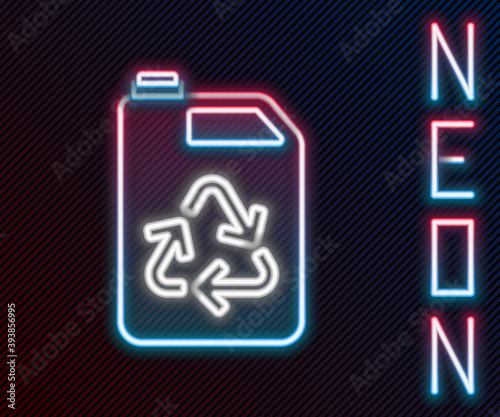 Glowing neon line Eco fuel canister icon isolated on black background. Eco bio and barrel. Green environment and recycle. Colorful outline concept. Vector Illustration.