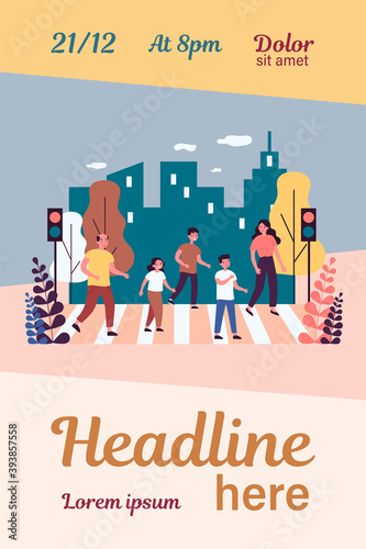Family crossing street. Man, woman, kid, pedestrian, crosswalk flat vector illustration. Urban traffic, city, rules concept for banner, website design or landing web page