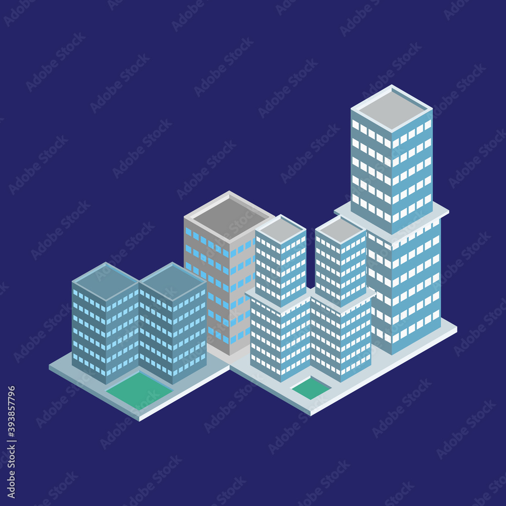 Modern City isometric set. Big office and shop building. Isolated on background. apartment houses, street and square with fountain. vector illustration. color editable.