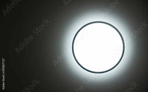 Round led ceiling lamp background. Saving lighting. Copy space.