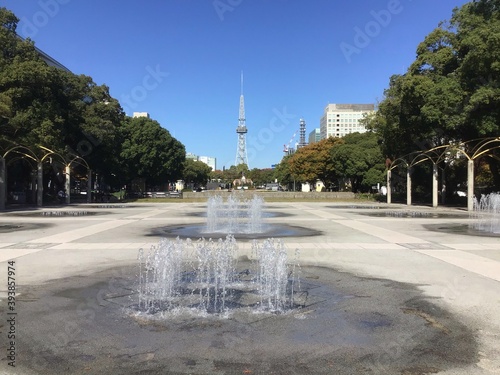 A plaza with a fountain in Hisaya Odori Park photo