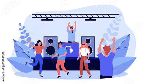 Happy DJ playing music at turntable. Cheerful young people dancing at party flat vector illustration. Entertainment, youth, fun concept for banner, website design or landing web page
