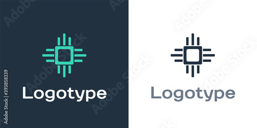 Logotype Computer processor with microcircuits CPU icon isolated on white background. Chip or cpu with circuit board. Micro processor. Logo design template element. Vector Illustration.