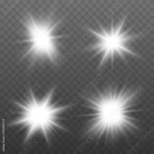 Glow isolated white transparent light effect set.Flare, explosion and stars. Special effect