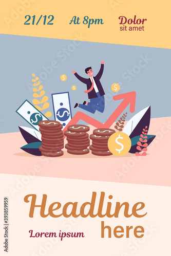 Happy banker jumping over coins flat vector illustration. Cartoon rich businessman celebrating finance growth. Market and income chart concept