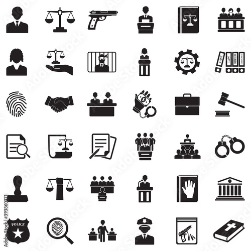 Law Icons. Black Flat Design. Vector Illustration.