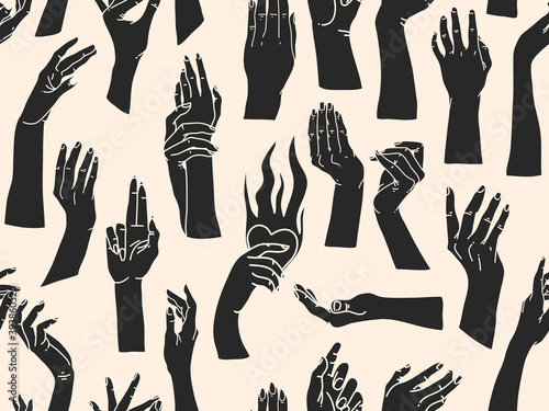 Hand drawn vector abstract flat stock graphic icon illustration sketch seamless pattern with human hands, mystic occult elements and silhouettes ,simple collage shapes isolated on color background
