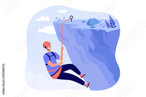 Happy mountaineer climbing rocky mountain, holding rope and hanging down from cliff. Vector illustration for extreme sport, risky activity, climber concept