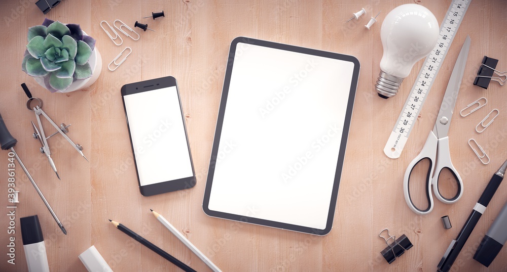 Responsive web design development. Work table with tablet, smartphone and other office items. Responsive web design development. Work table with tablet, smartphone and other office items.