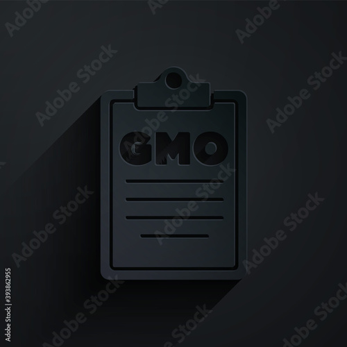 Paper cut GMO icon isolated on black background. Genetically modified organism acronym. Dna food modification. Paper art style. Vector.