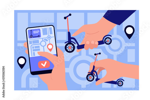 Public scooter sharing application. Hand holding phone, using map for finding rental scooter in city. Vector illustration for communication, transport, city service concept
