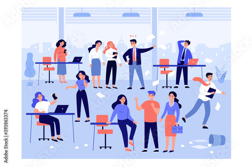 Angry boss shouting at lazy, unorganized employees about mess and disorder at workplaces. Vector illustration for chaos in office, corporate conflict, discipline problems concept