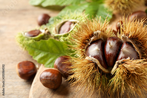 Fresh sweet edible chestnuts on wooden board, closeup