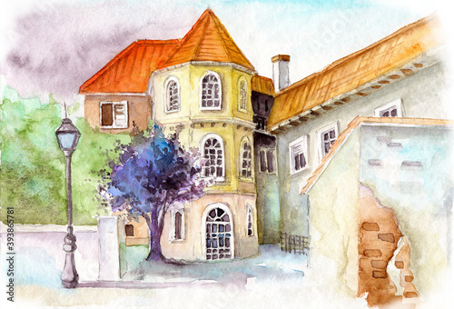 Watercolor illustration of an old beautiful house with orange tiled roof, arched mullioned windows and blooming tree in the yard photo