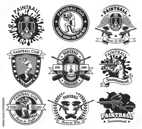Monochrome paintball club labels vector illustration set. Retro shooting game emblems with skull and weapons on white background. Competition and tournament concept can be used for retro template