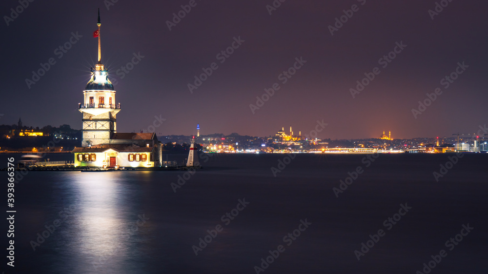 night view of Kiz Kulesi, Istanbul, Turkey