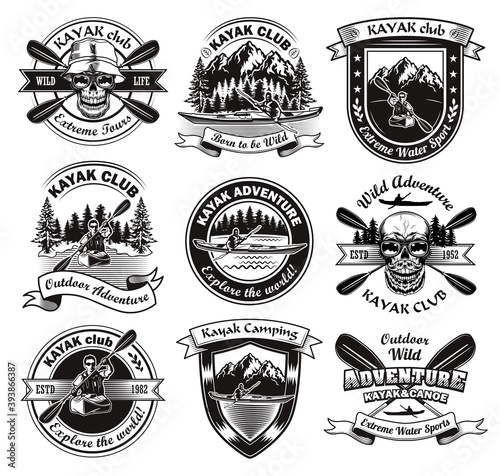 Vintage badges for kayak club vector illustration set. Monochrome skull, river and man in canoe isolated on white background. Adventure and camping concept can be used for retro template