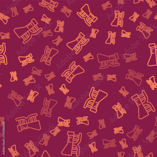 Brown line DNA research, search icon isolated seamless pattern on red background. Genetic engineering, genetics testing, cloning, paternity testing. Vector.
