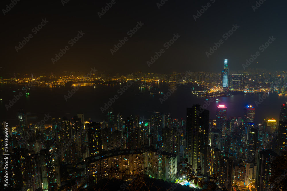 Top view of skyscrapers in city of Hong Kong perspective view business concept, Cityscape at night