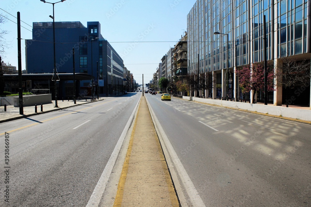 Empty Suggrou Avenue, one of the most crowded streets of Athens due to Coronavirus quarantine measures - Athens, Greece, March 21 2020. Empty Suggrou Avenue, one of the most crowded streets of Athens due to Coronavirus quarantine measures - Athens, Greece, March 21 2020.