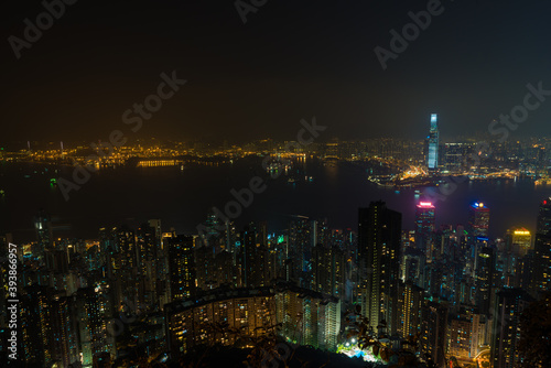 Top view of skyscrapers in city of Hong Kong perspective view business concept, Cityscape at night © themorningglory