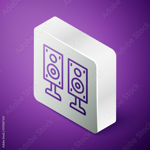 Isometric line Stereo speaker icon isolated on purple background. Sound system speakers. Music icon. Musical column speaker bass equipment. Silver square button. Vector.