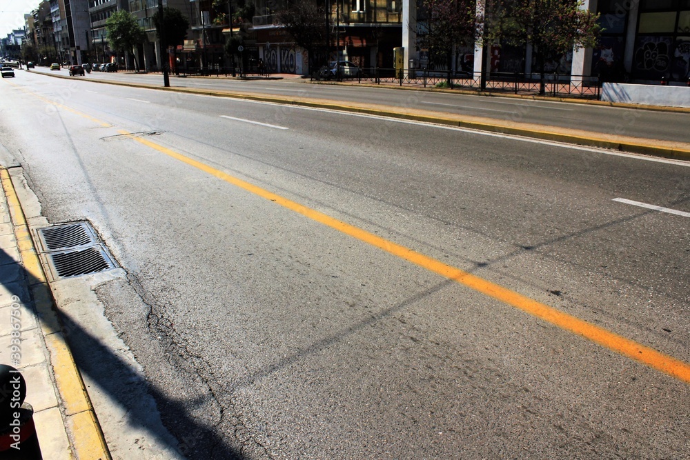 Empty Suggrou Avenue, one of the most crowded streets of Athens due to Coronavirus quarantine measures - Athens, Greece, March 21 2020. Empty Suggrou Avenue, one of the most crowded streets of Athens due to Coronavirus quarantine measures - Athens, Greece, March 21 2020.