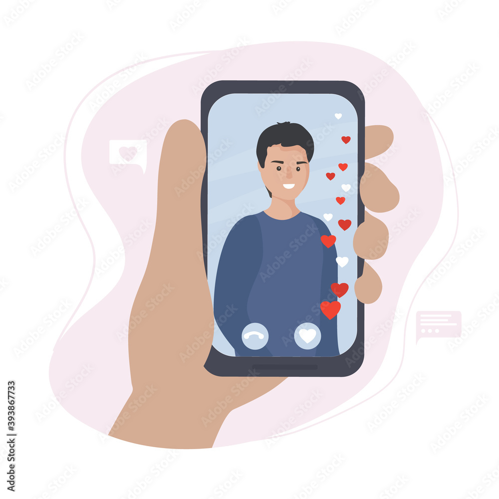 Dating and Communication online. Virtual romantic date. Love during quarantine. Meeting in a video chat through the application for smartphones in social networks. flat vector illustration. Dating and Communication online. Virtual romantic date. Love during quarantine. Meeting in a video chat through the application for smartphones in social networks. flat vector illustration.