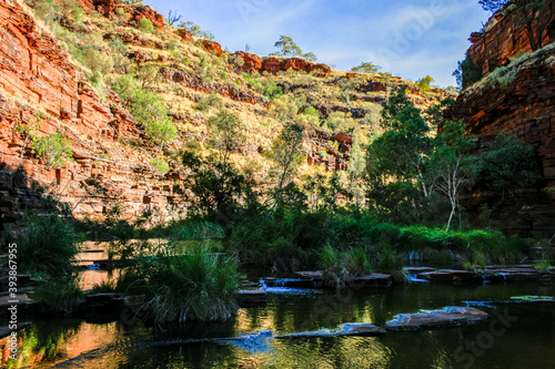 Hiking and swimming in Karijini National-Park  Western Australia with beautiful rock formations