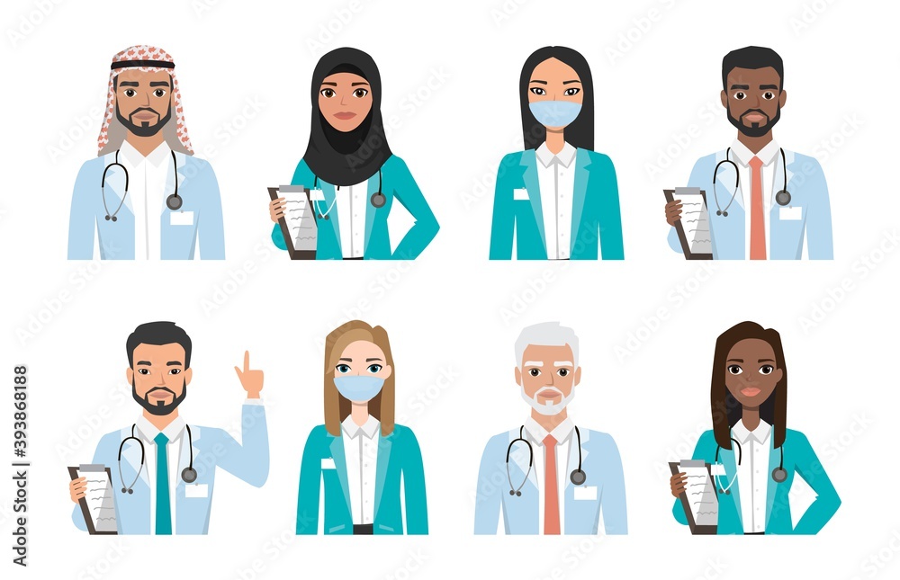 Group of doctors, nurses and medical staff people. Different nationalities. Hospital medical team concept. People character set Group of doctors, nurses and medical staff people. Different nationalities. Hospital medical team concept. People character set