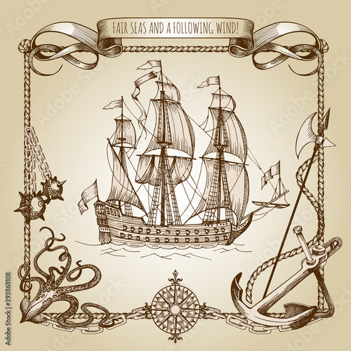 Adventure stories. Pirate background. Vintage border frame. Old caravel, vintage sailboat. Octopus, daggers, anchor, anchor chains