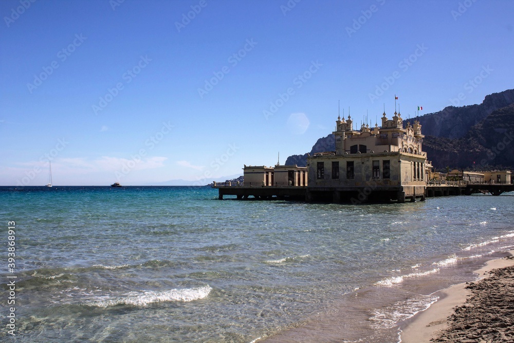 Mondello, Sicily, evocative image of the beach and a bathing complex under a beautiful blue sky