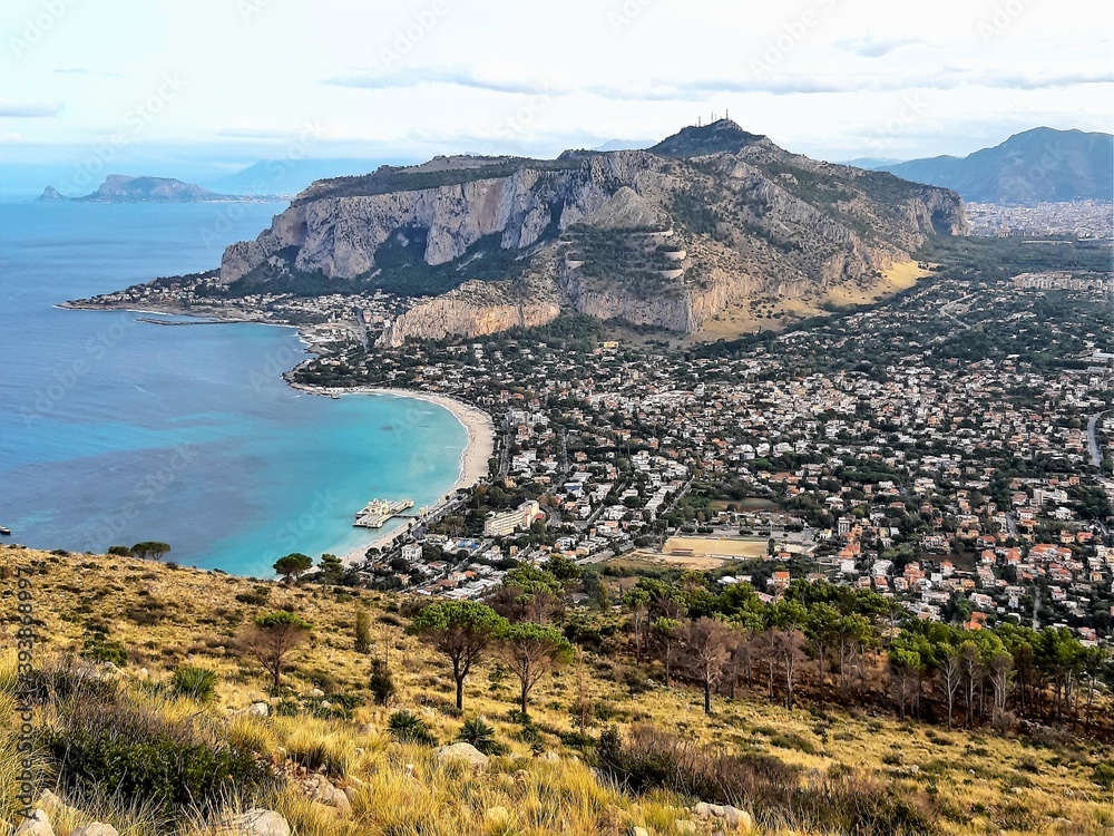Mondello, Sicily, panoramic view of Mondello beach with the promontory of Cefalù in the background