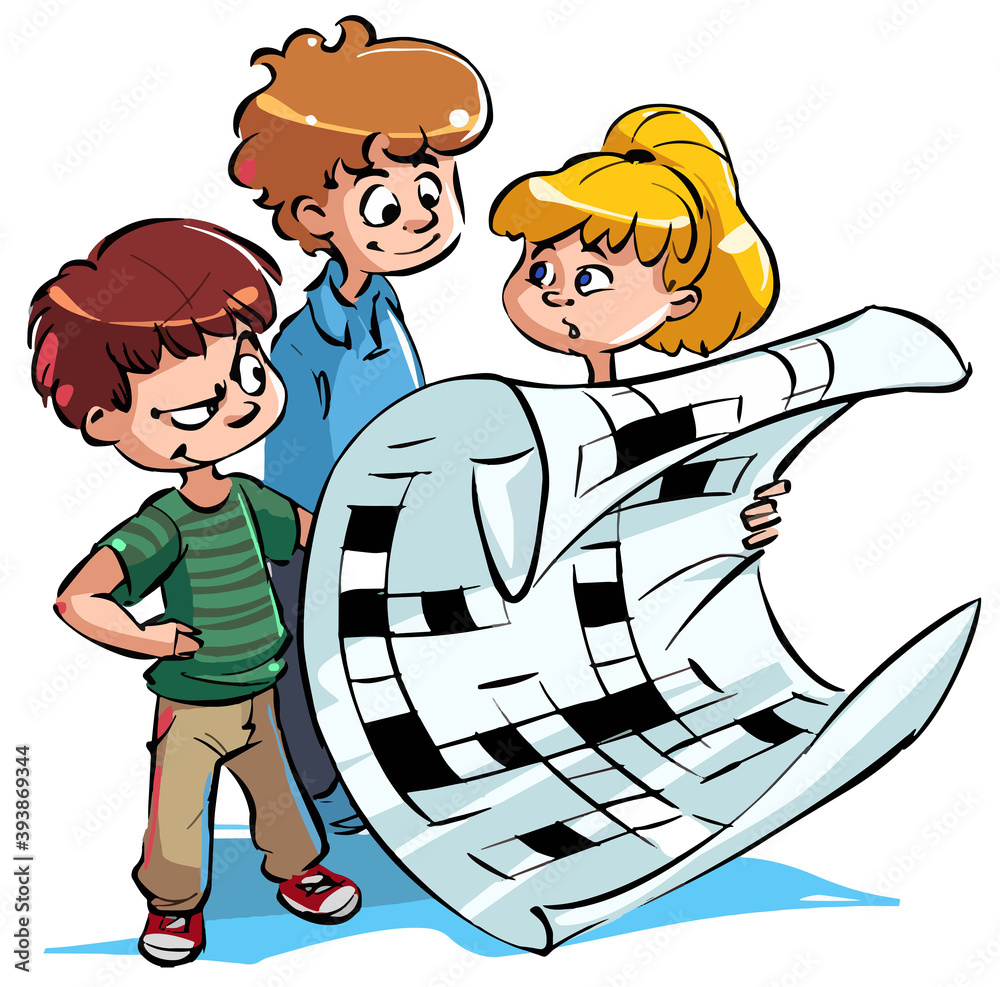 Ταπετσαρία Cute cartoon boy and girl solve a crossword puzzle