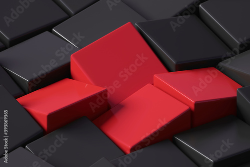 Abstract black and red cubes background  close up of dark block pattern  simple square block geometric structure  perspective view  3d rendering  3d illustration