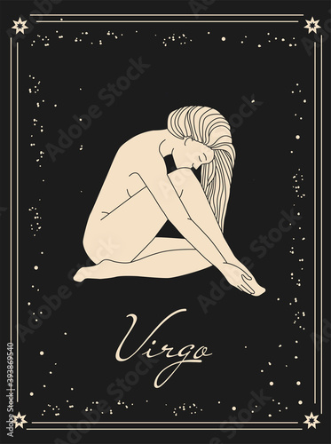 Magic, vector illustration; astrological chart of the zodiac sign; maiden on a dark gray, black background. Woman in the starry sky. Gold sign on a dark background.