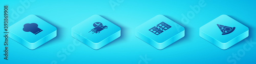 Set Isometric Chef hat, Fast delivery by car, Slice of pizza and Restaurant cafe menu icon. Vector.