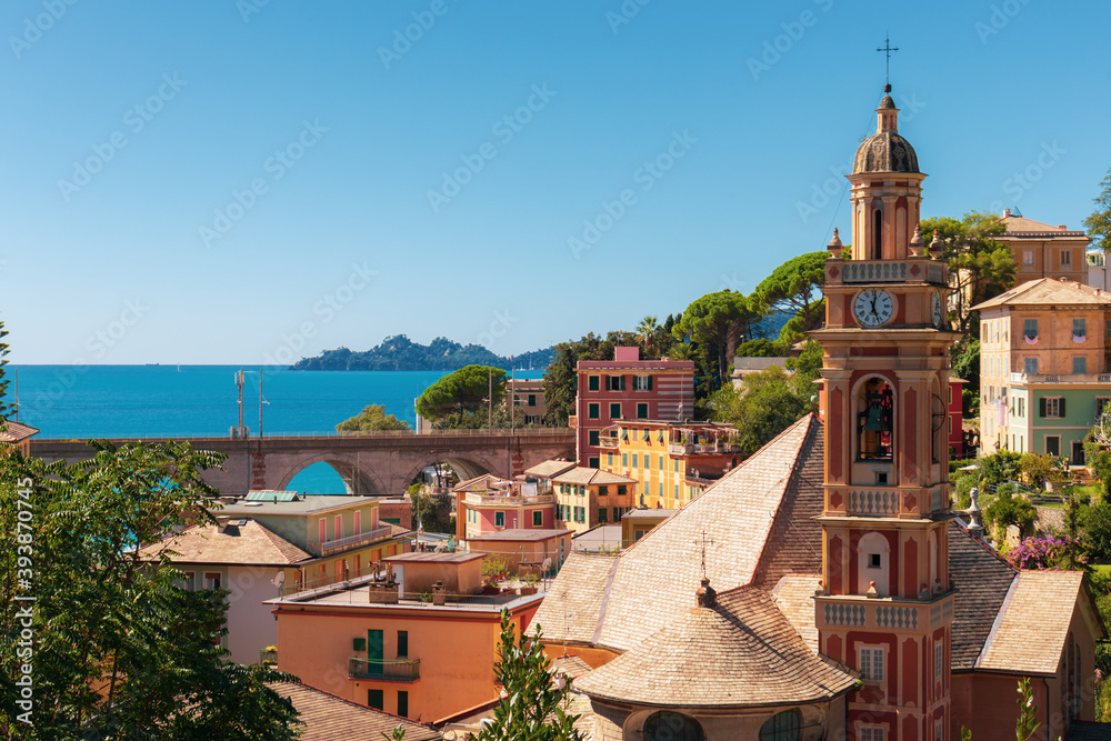 High angle view of the town of Zoagli, Italy. In the background the promontory of Portofino