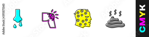 Set Runny nose, Joint pain, knee pain, Psoriasis or eczema rash and Shit icon. Vector.