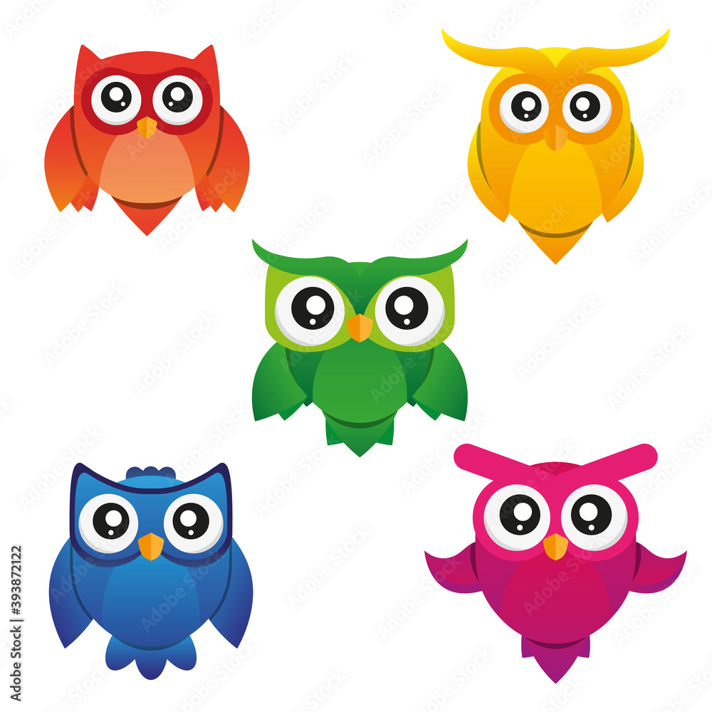 Cute cartoon owls set. Contains 5 owls in different color. Cute cartoon owls set. Contains 5 owls in different color.
