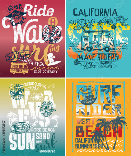 California cute surf rider kid graphics vector print collection for summer children wear t shirt