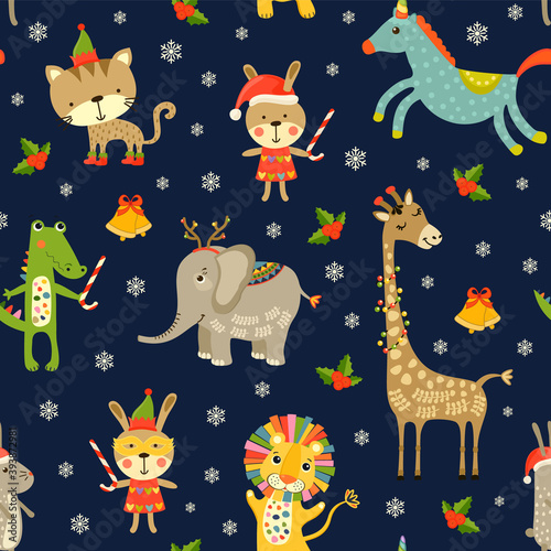 Merry Christmas Seamless background with cartoon happy animals icons. Seamless Christmas baby pattern with lion  giraffe  elephant  crocodile. Vector illustration with wild animals x-mas for kids.