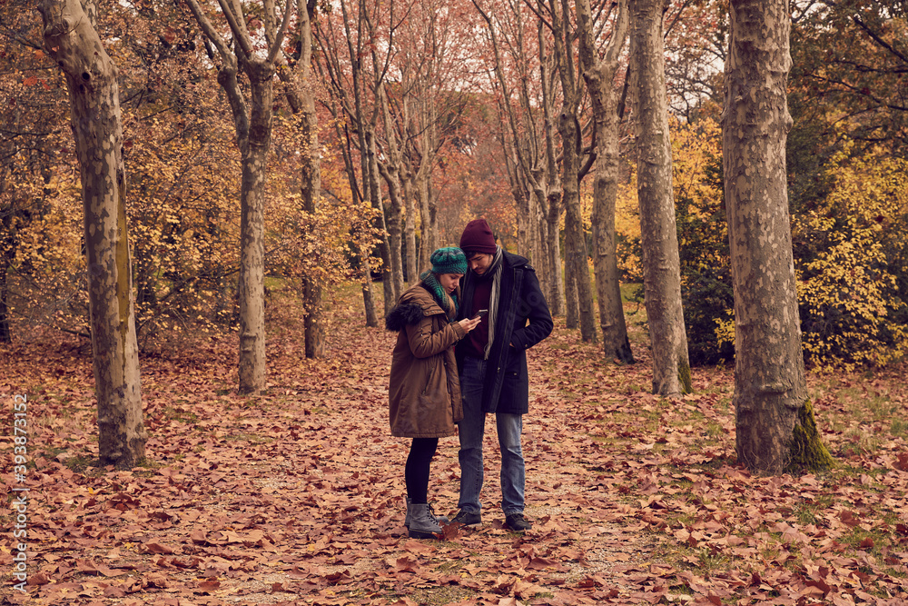 Pareja mirando un móvil en medio de un camino en un parque Pareja mirando un móvil en medio de un camino en un parque