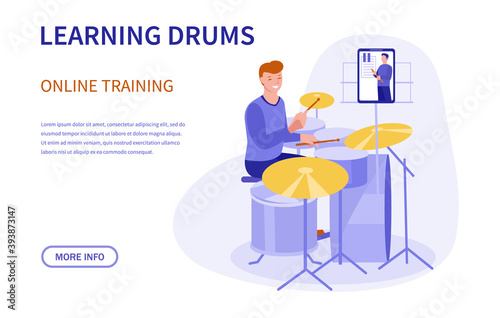Online training to play the drums. Vector banner. Flat style.