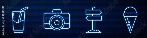 Set line Road traffic signpost, Cocktail and alcohol drink, Photo camera and Ice cream in waffle cone. Glowing neon icon on brick wall. Vector.
